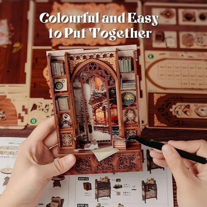 Fsolis Book Nook Kit, DIY Miniature Dollhouse Kit 3D Puzzles for Adults and Beginners, 127 Wooden Pieces, Tiny House Mini Booknook Craft Bookshelf Decor, Gifts for Women Book Lovers(Bookshop Memory)