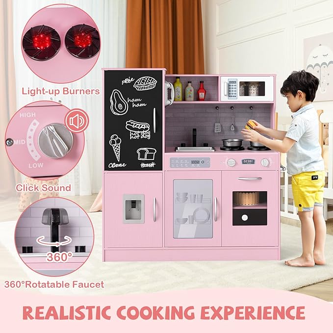 HONEY JOY Upgrade 39 in Kids Kitchen Playset, Large Wooden Little Chef Pretend Toy Kitchen Set w/Chalkboard, Telephone, Utensils, Oven, Microwave, Sink, Storage, Play Kitchen for Toddlers, Pink