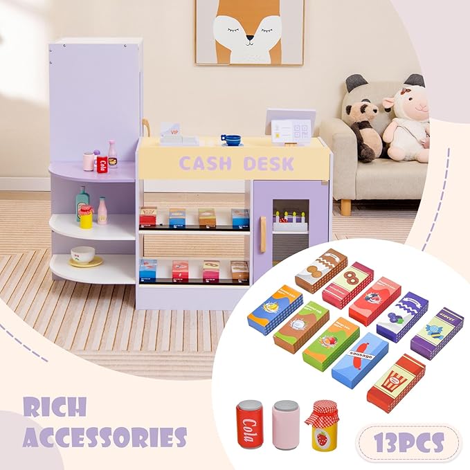 HONEY JOY Kids Grocery Store Playset, Wooden Supermarket Playset w/Cash Register & Vending Machine Toy, Blackboard, Checkout Counter Stand, Grocery Store Pretend Play for Toddler Boys Girls (Purple)