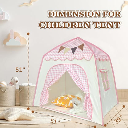 Toddler Bed Tent, Kids Play Tent with Flags, Star String, Portable Bed Canopy for Boys & Girls, Children, Indoor Outdoor Dome Playhouse, Pink Plaid, 51" x 39" x 51"