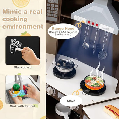 HONEY JOY Corner Play Kitchen, Large Wooden Pretend Toy Kitchen Set w/Lights, Ice & Coffee Maker, Range Hood, Chalkboard, Microwave, Cookware, Little Chef Kids Kitchen Playset for Toddlers (Espresso)