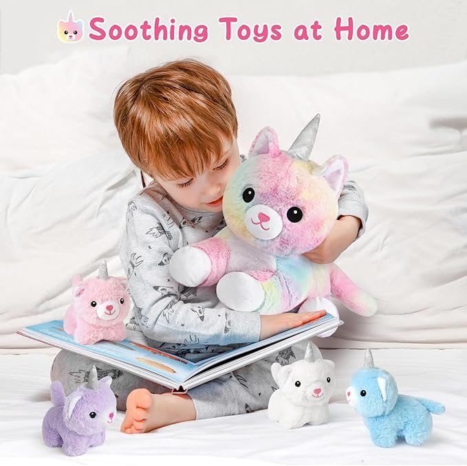 KMUYSL Toys for Ages 0 1 2 3 4 5 6 7 8+ Years - Plush Mommy Stuffed Animal with 4 Babies in Her Tummy, Soft Plush Toys Set, Christmas Birthday Gifts for Girls Boys, Toddler, Kids (Unicorn Cat Toys)