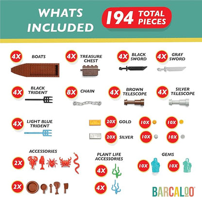 Barcaloo 194 Piece Building Bricks Accessories Kit - Pirate Ship Parts & Pieces Set with Boats, Treasure, Weapons, Plants & Wildlife Parts - Building Block Accessory Set, Compatible with Major Brands