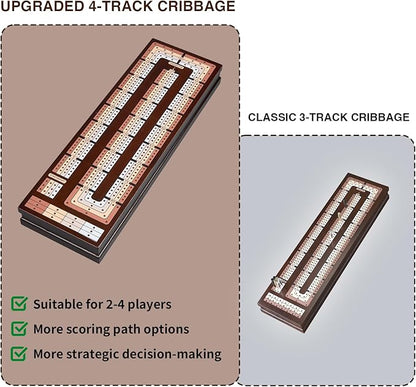 VAMSLOVE Upgraded Wooden 4-Track Cribbage Board Game Magnetic Scoreboard with Large Slots for Storing 2 Playing Cards and 12 Metal Pegs, Travel Family Game Night (Instruction Included)