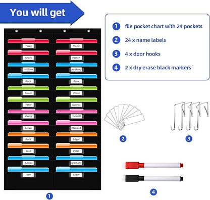 REGELETO 24 Pocket Storage Chart with Nametag Pockets, Hanging Wall File Organizer for Classroom and Office, Black