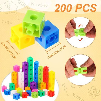 Jenaai 200 Pieces Linking Cubes for Math Counting Cubes, Plastic Counting Blocks, Colorful Math Manipulatives Classroom Learning Supplies for Preschool Activities Boy Girl(Classic Style)