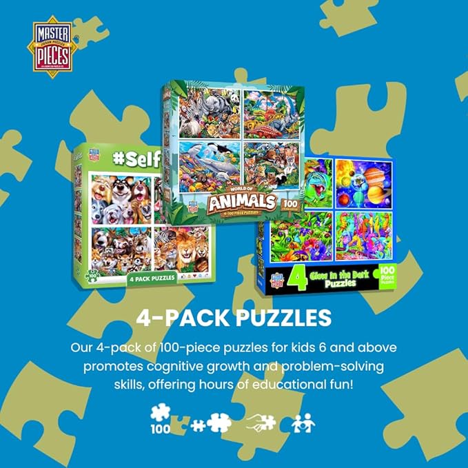 MasterPieces – Jigsaw Puzzle Set for Kids 6+ Years, 4-Pack of 100 Pieces, Educational and Fun Game, Caterpillar Collection, Gift Idea for Children, 8" x 10