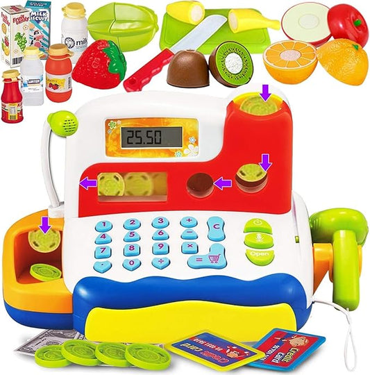 FUNERICA Toy Cash Register - with Large Interactive Coins Great for Toddlers - Scanner, Microphone, Calculator. Includes Grocery Food, Cuttable Fruit, Pretend Play Money - for Toddlers and Kids