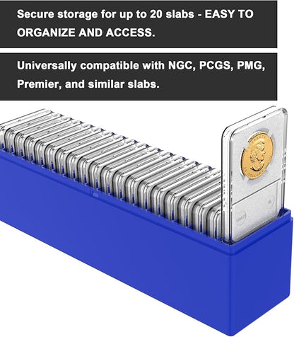 Plastic Coin Slab Storage Box – 20-Slot Coin Holder Organizer Case Fits for PCGS NGC PMG PCCB Slabs, Secure Coin Collection Box for Collectors, Home, Office, Bank Use (Box Only, Blue)