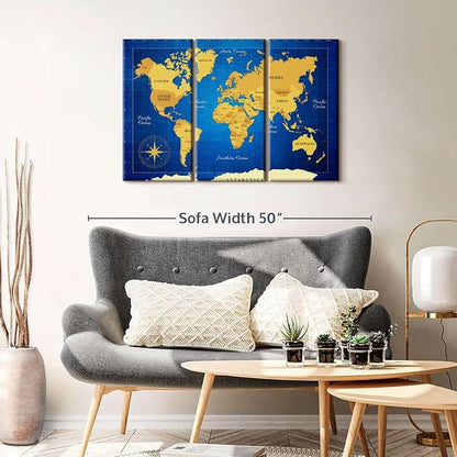 ElephantStock Yellow Longitude World Map Multi Piece Canvas - 3 Panel Wall Decor - Map of the World Art - Canvas for the Office and Home - 38" X 24"