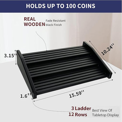 Challenge Coin Display Holder, 12 Rows Solid Wood Military Coin Stand Holds 80-100 Coins, Army Coin Display Rack for Desk (Black Finish)
