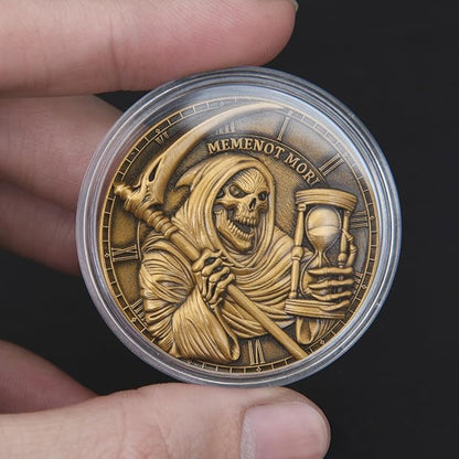 Memento Mori Challenge Coin - Hourglass & Scythe Design with Latin Inscriptions, Embrace Life’s Transience with Inspirational Design (Single Coin)