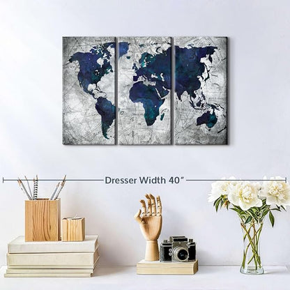 ElephantStock Deep Blue World Map Multi Piece Canvas - 3 Panel Wall Decor - Map of the World Art - Canvas for the Office and Home - 23" X 14"