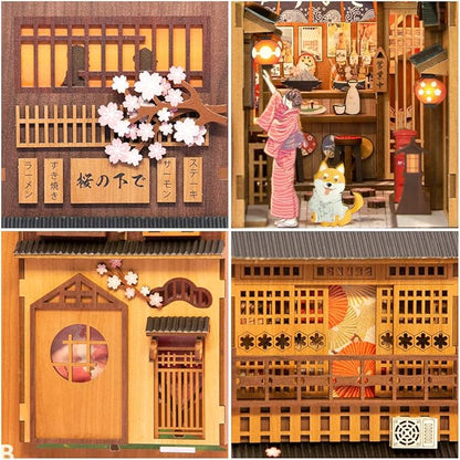 Fsolis Book Nook Kit, 3D Wood Puzzles for Adults, 214pcs, DIY Miniature House Kit Booknooks Japanese Decorative Bookends for Bookshelf (Under The Sakura Tree)
