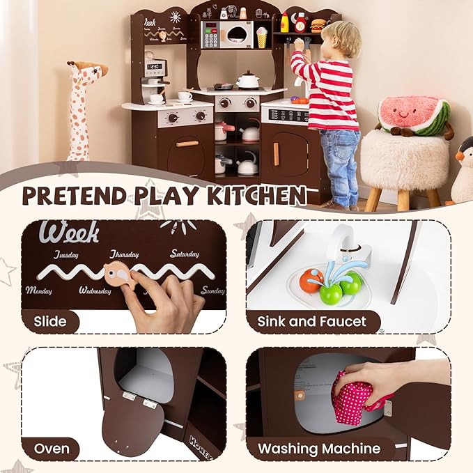 HONEY JOY Corner Play Kitchen, Toddler Wooden Toy Kitchen Set w/Lights, Coffee Maker, Microwave, Sink, Faucet, Little Chef Pretend Play Kids Kitchen Playset for Boys Girls (Coffee)