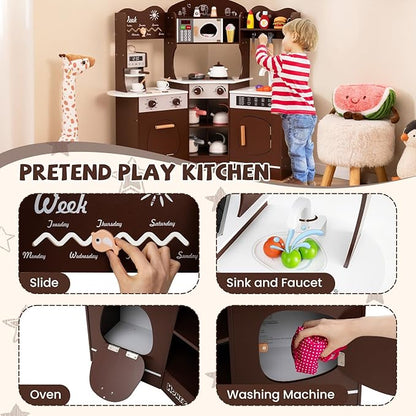 HONEY JOY Corner Play Kitchen, Toddler Wooden Toy Kitchen Set w/Lights, Coffee Maker, Microwave, Sink, Faucet, Little Chef Pretend Play Kids Kitchen Playset for Boys Girls (Coffee)