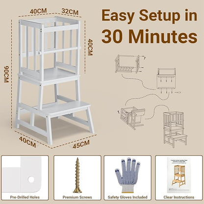 COSYLAND Kitchen Step Stool for Toddlers – Stable A-Frame Design Kids Standing Tower with Protective Crossbar – Wooden Learning Stool for Kitchen Island Counter, Bathroom (White)