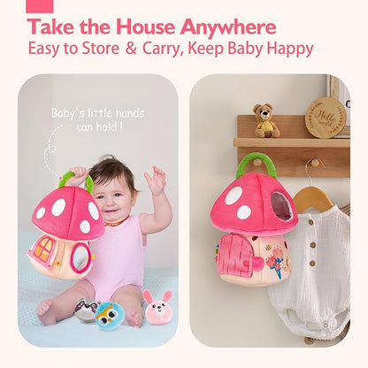 hahaland Baby Toys 6-12 Months - Montessori Toys for 6 Month Old Girl, My First Mushroom House with Stuffed Jungle Animals, Rattle, Crinkle Paper, Mirror, Sensory Toddler Toy for 1 Year Old Girl Gifts