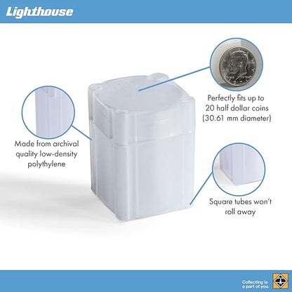 LIGHTHOUSE - Square Coin Tubes - Convenient Push Top, Virtually Unbreakable, Acid Free and Archival Quality - Coin Tubes for US Half Dollars, 10 Pack