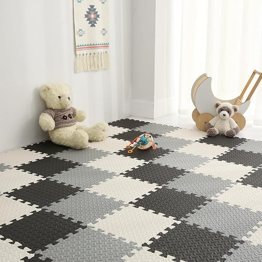 36 Tiles Foam Play Mat for Baby, 0.4 Inch Thick Foam Interlocking Floor Mats, Soft Non-Toxic Baby Playmat, Solid Colored Puzzle Play Mat Kids Floor Mats for Toddler(White/Black/Gray)