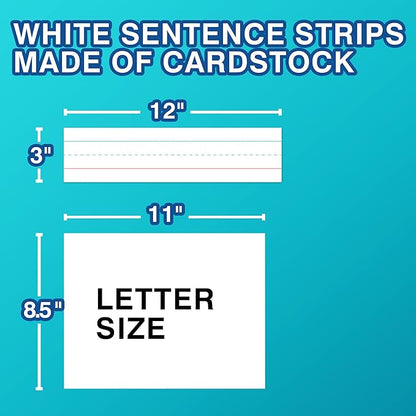 Chell Short Sentence Strips Cardstock 3” x 12”, White Ruled Word Learning Strips Nameplates for Teacher Supplies, Pack of 80