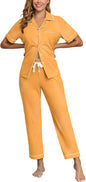 CF Womens 100% Cotton Pajamas Set Button Down Pjs Sets Short Sleeve Top & Long Pants Sleepwear Comfy Loungewear with Pockets