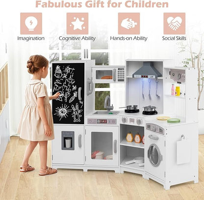 Costzon Corner Play Kitchen w/Lights, Sounds, Large Pretend Play Kitchen Set w/Blackboard, Microwave, Cooking Accessories, Wooden Montessori Sensory Toy for Kids 3+ Years Old (White)