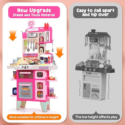 CUTE STONE Kids Kitchen Playset, Play Kitchen Set with Sound & Light, Cooking Stove with Steam, Toy Sink,Play Food Toy and Kitchen Accessories for Pretend Play, Kitchen Toy Set for Toddler Girls, Pink