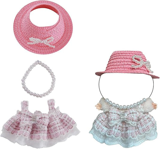3PCS Pink Doll Outfit Set – Pink Dress, Straw Hat & Flower Necklace – 17cm Doll Clothes and Accessories – Clothes Set for Plush Figures – Only Accessories