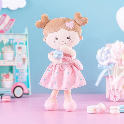 Onetoo First Baby Dolls Plush Rag Doll Soft Baby Toy Girls Sleeping Cuddle Buddy Doll Wear Pink Dress 14"