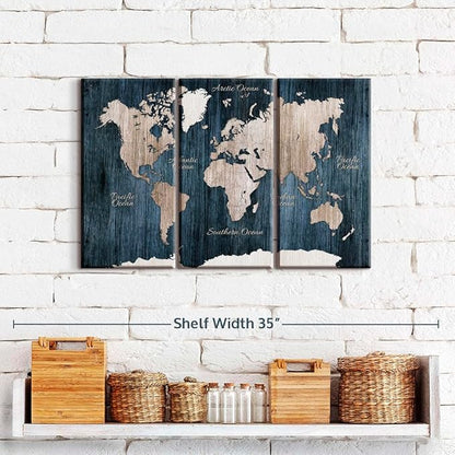ElephantStock Aged Blue World Map I Canvas - 3 Panel Wall Decor - World Map Digital Art - Blue Wall Art - 23" X 14"
