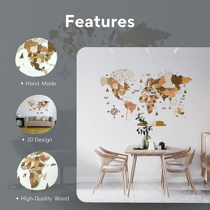 Wooden World Map 3D Art Large Wall Decor - Size (M, L, XL) Any Occasion Gift Idea - Wall Art For Home, Kitchen or Office