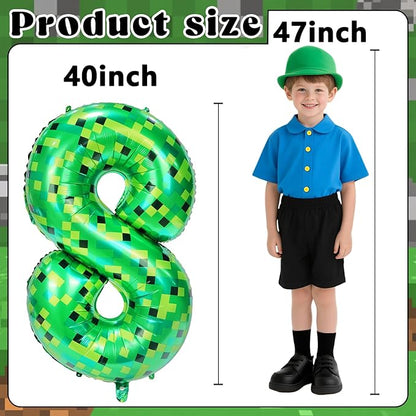 40in TNT Pixel Number 8 Balloon Birthday Decorations, Miner Theme Green Foil Balloons Blast Gaming Party Supplies
