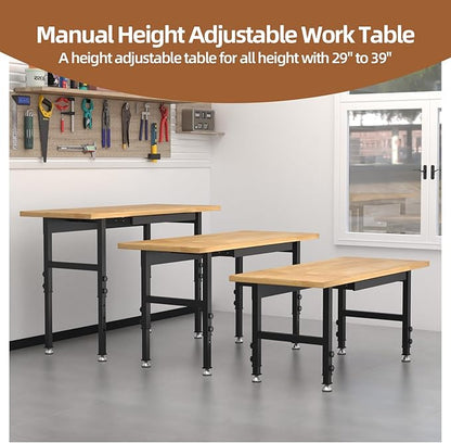 48'' Adjustable Workbench, Solid Wood Work Bench Table, Metal Tool Bench Work Bench with Power Outlet, Heavy Duty Large Load Capacity Garage Workbench Workshop Table for Workshop,Office,Home