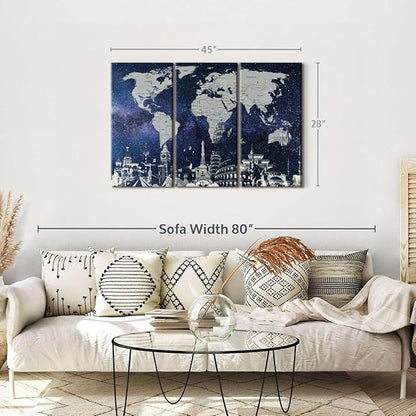 ElephantStock Starry World Map Multi Piece Canvas - 3 Panel Wall Decor - Map of the World Art - Canvas for the Office and Home - 45" X 28"