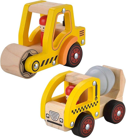 Wooden Push Car Toys for Infants 12-18 Months, 2 Pcs Baby Vehicle Toys Hand Push Car for 1 2 Year Old Boys Girls (Cement Truck + Road Roller)