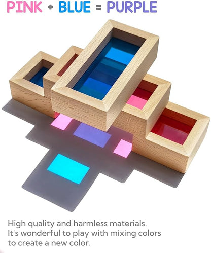 Wooden Building Blocks with Rainbow Acrylic Windows - 24pc Classic Montessori Stacking Set - Screen-Free Educational STEM Construction Toys for Toddlers Ages 18M+