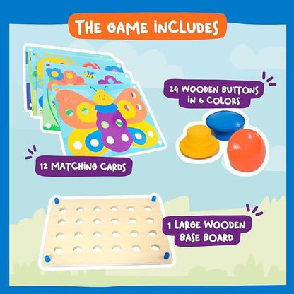 Nene Toys Wooden Color Matching Puzzle for Toddlers 2+ Years – Montessori Pegboard Button Game with Wooden Nails & Cards – Educational Toy for 2 3 Year Old Boys Girls – Fine Motor Skill Learning