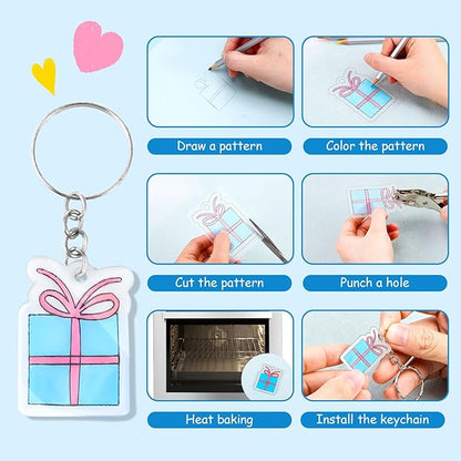 Auihiay 325PCS Shrink Plastic Sheets Kit - 25PCS Shrink Sheets + 100 Keychains and 200 Open Iron Ring, DIY Shrinky Paper Art Supplies for Jewelry, Keychain Making, DIY Mother's Day Crafts Gifts