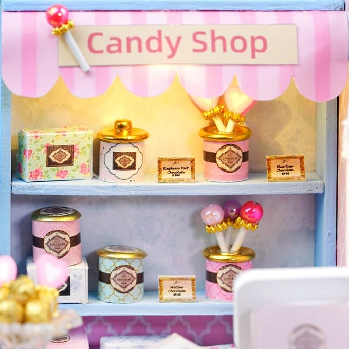 OZJAY DIY Miniature House Kit with Dust Proof Cover, 1:24 Scale Creative Room Mini DIY Wooden Dollhouse Miniature Kit for Adults Teen - Yummy Candy