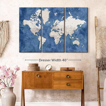 ElephantStock Detailed World Map With Cities I Wall Art - Horizontal Canvas - 3-Piece Living Room Decor - Watercolor Map Canvas Print - Beige and Blue Wall Decor by Blursbyai - 50" X 32"