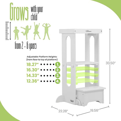 Little Partners Foldable Toddler Tower, Learning Tower Explore 'N Store Montessori Standing Kitchen Tower with Folding Step Stool Platform for Cooking and Learning, Ages 2+ (Soft White)