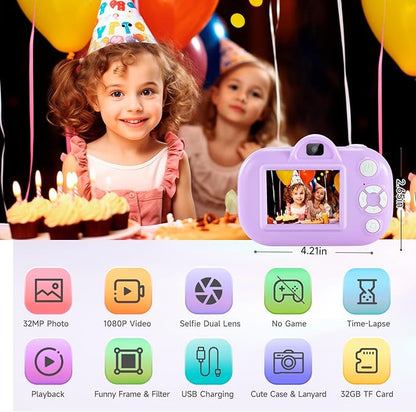 32MP Dual Lens Toddler Camera Kids Digital Camera for 3 4 5 6 7 8 9 Year Old Girl Christmas Birthday Gifts, Purple