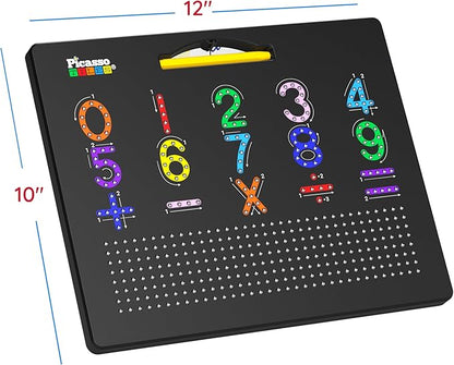 PicassoTiles 2in1 Magnetic Drawing Board Toy 12x10 In Large Magnet Bead Pad with Alphabet and Math Side in Black STEM Educational Writing Playboard Reusable Erasable Learning Tablet for Kids PTB02-BLK