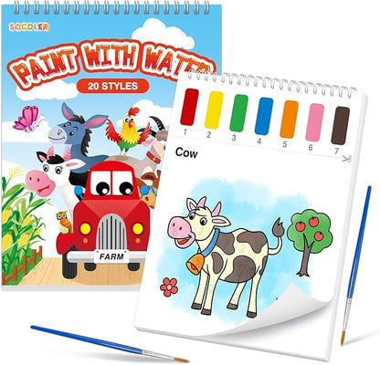 Paint with Water Coloring Books for Toddlers,Mess Free Watercolor Painting Papers for Kids Water Color Paint Kit Art Craft Birthday Gift for Ages 1-3, 4-8(Farm)