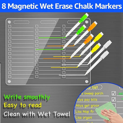 PigPotParty Acrylic Magnetic to Do List White Board for Refrigerator, 12"x9.5" Clear Dry Erase Board, Fridge Grocery List Magnet Checklist Whiteboard for Adult Family Kids, w/ 8 Markers and 1 Towel