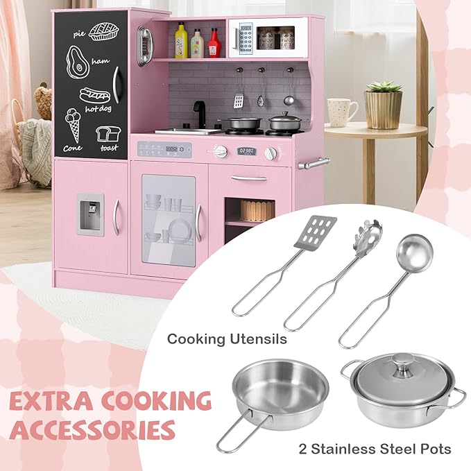 HONEY JOY Upgrade 39 in Kids Kitchen Playset, Large Wooden Little Chef Pretend Toy Kitchen Set w/Chalkboard, Telephone, Utensils, Oven, Microwave, Sink, Storage, Play Kitchen for Toddlers, Pink