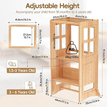 4 in 1 Toddler Step Stool Convertible Table and Chair, Adjustable-Height Toddle Kitchen Step Stool Helper Tower with Double-Sided Whiteboard, Kids Learning Standing Tower for Bathroom Sink
