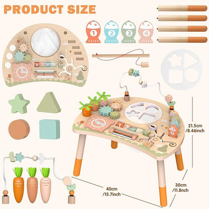 Activity Table for 1+ Year Old, 9-in-1 Montessori Wooden Activity Center with Shape Sorter Fishing Game Bead Maze, Baby Play Table Sensory Educational Toys for Toddler (Natural)