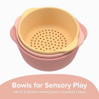 Inspire My Play - 3 x Nesting Bowls and Sieve - Perfect for Sensory PlayTray - Sensory Bin Accessories - Special Education Classroom Supplies - Montessori Education Toys - Coral